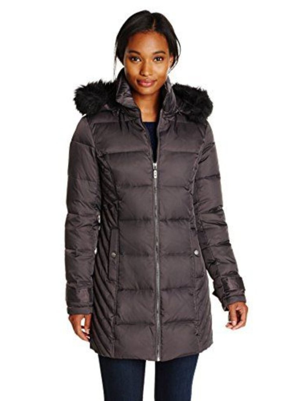 Kenneth Cole NY Womens Down Puffer Jacket Coat w/Faux Fur Trim Hood Size L Black